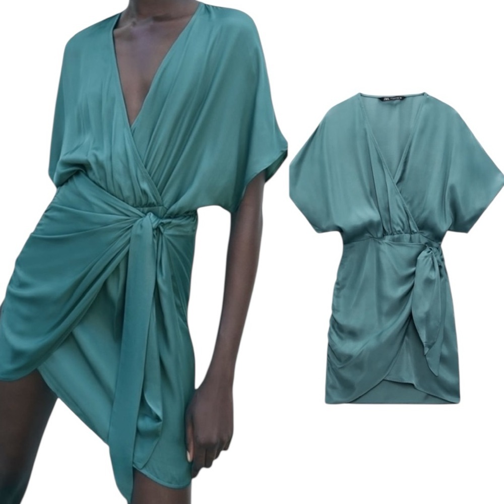 New Zara Viral Satin Effect Mini Dress Plunge Neckline Wrap Style
